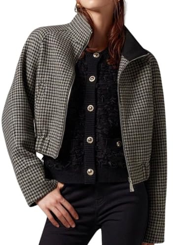 CHARTOU Cropped-Wolljacke für Damen, Hahnentrittmuster, Karomuster, Herbst und Winter