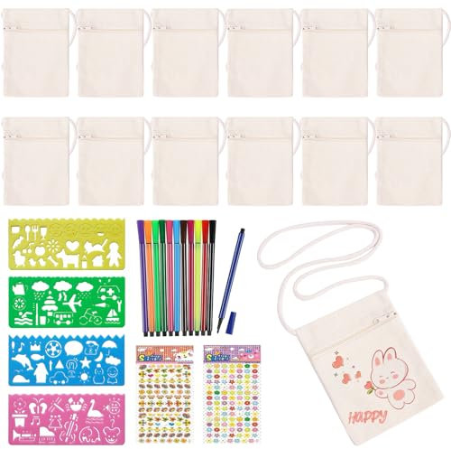 Forhandy 12 Stück Stoffbeutel zum Bemalen für Kinder, DIY Kinder Umhängegeldbeutel mit 12 Buntstift, 4 DIY Malschablonen & 2 Diamant-Aufkleber, Blanko Stoffbeutel Klein für Schule,Party,Geschenk