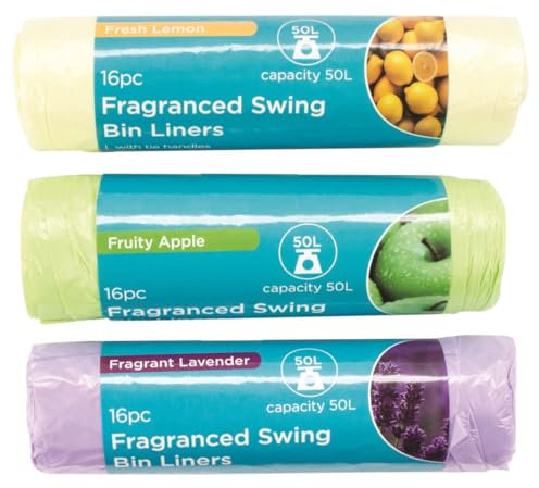 Pack of 48, Fragranced Swing Bin Liners with Tie Handles, 16 Lemon, 16 Apple, 16 Lavender Rubbish Bags, 50L Capacity