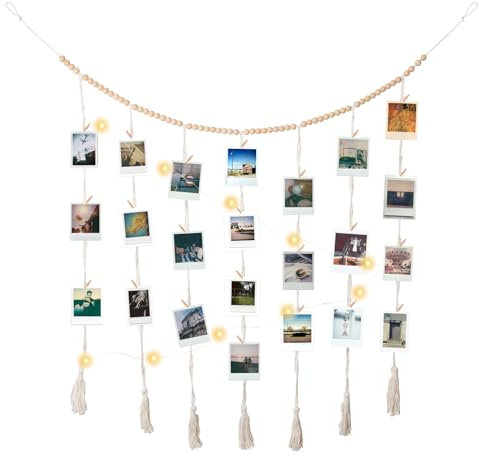 Pumwoy Wandbehang Hängender Fotowand 120 * 90cm, DIY Bilderrahmen Wanddekoration mit 45 Klammern und LED-Lichterketten, Foto Hängendes Seil Fotoaufhängung, Wandbehang Boho Fotowand Collage