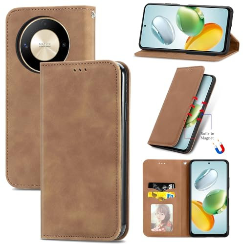 Cracedily Coque pour Honor Magic 6 Lite Pochette, Etui Protection Housse Premium en Cuir PU, Etui à Rabat Pochette de Portefeuille Étui pour Honor X9B/X50 5G Case, Café