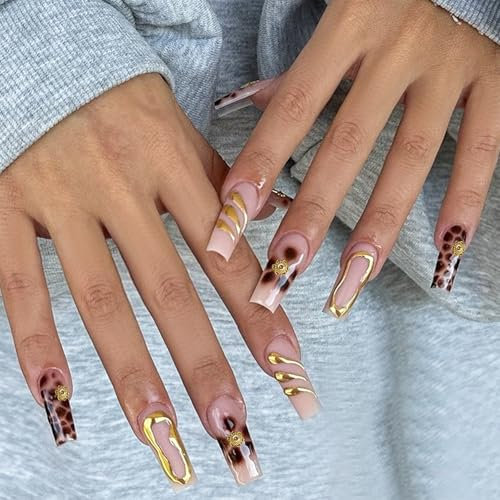 Leopards Print False Nails Long Press On Nails Full Covers Stick On Nails Autumn Artificial Nails Manicures Supplies