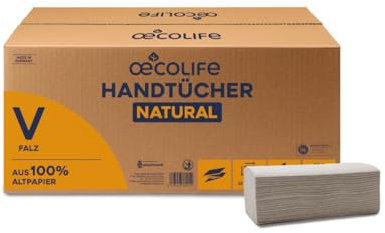 œcolife Papierhandtücher Natural, 4800 Blatt, 1-lagig, V-Falz, 25x23cm, 100% Altpapier