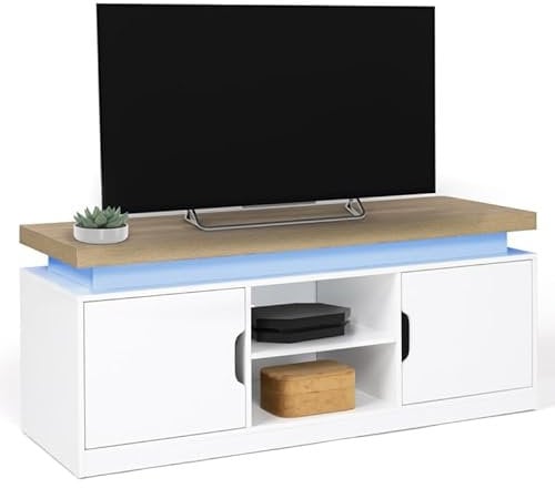 IDMarket - Mueble para TV de 110 cm con 2 puertas Luna LED blanco y bandeja con aspecto de madera