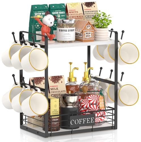 EsLuker.ly 2 Etagen Tassenhalter Stand für Arbeitsplatte, 12 Haken Tassenregal Wand mit Aufbewahrungskorb, Metall Holz Tassenständer Tassen Organizer für Kaffeebar Küche, Weiß-Schwarz