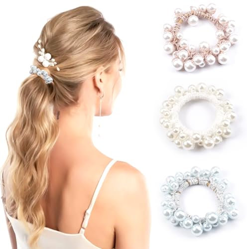 3 pezzi Scrunchies perline strass elastici per capelli, perline fantasia coda di cavallo, eleganti ed eleganti elastici per capelli con perle, per ragazze e acconciature