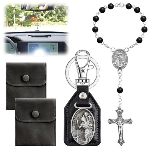 Autorosenkranz Katholisch Anhänger Für Spiegel mit Heiliger Christophorus Schlüsselanhänger Samt Geschenkbeutel Gebetskette Christlich Auto Schutzpatron Autofahrer Auto-Hängezubehör Für Damen Herren