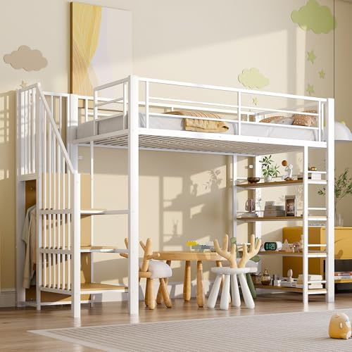 Hochbett 90x200 cm mit Sicherheitstreppe Stauraum kleinem Kleiderschrank Einlegeböden Einzelbett für Erwachsene Jugendliche Gästebett Metallbettrahmen Ohne Matratze weiß