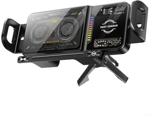 Soporte de teléfono móvil inalámbrico giratorio de 15 W, compatible con Samsung Z Fold 7/6/5 y Z Flip-7/6/5 de ABS + PC con rotación de 360°, función de carga rápida para smartphones plegables (negro)