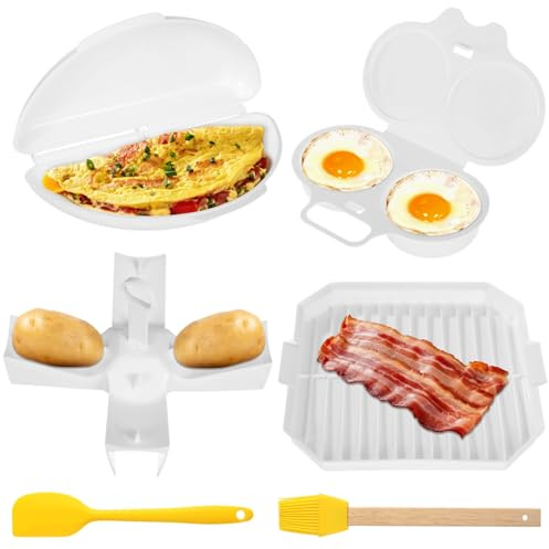 6-teiliges Mikrowellen-Frühstücks-Kochset, inklusive Doppel-Eierpochierer, Omelett-Maker, Speckschale, Kartoffelständer, Silikon-Spatel und Bürste, antihaftbeschichtet und einfach zu bedienendes
