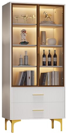 Azkoeesy Glasvitrine mit LED-Licht und Glastüren, 2 Schubladen, weiß, mit goldenem Griff und Metallbeinen, Moderne Vitrine Hochschrank Standvitrine - 70 x 35 x 150 cm (BxTxH)