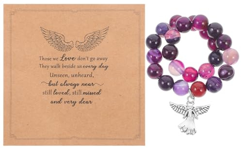 GLEAVI Trauerarmband aus Steinperlen als Zeichen der Anteilnahme, 1 Satz | Violette Ausführung, mit Karte und Papier, für Tägliche Nutzung Sowie Gedenkzeremonien