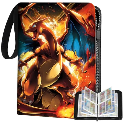 Hlisippa 4 Pocket Card Binder, Holds 50 Pages 400 Pockets, PU Trading Card Binder, Card Folder with Zipper Wrist Strap, Large Capacity Collection Binder (400)