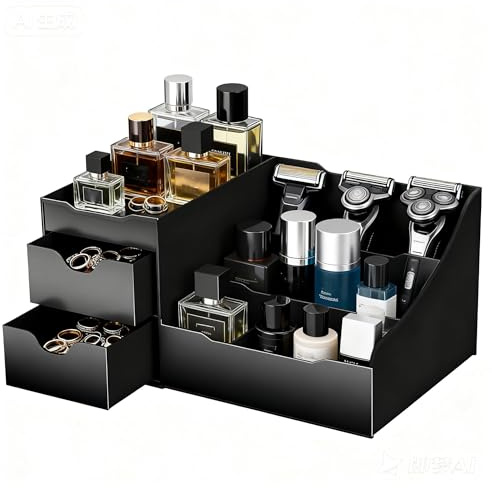 Cosmetic Organiser, Men's Desk Organiser with Drawers – Multi-Compartment Plastic Dressing Table Storage Box for Perfume, Electric Shaver, Jewellery & Grooming Accessories (Black)