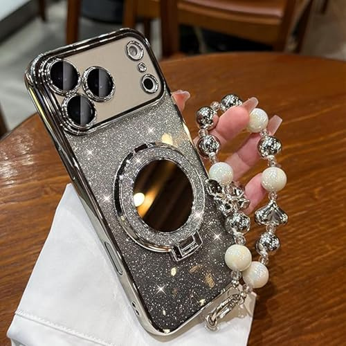 Sparkling Diamond Women's Phone Case with Mirror & Stand for iPhone 17/16/15/14/13/12 Pro Max, 17Air, Women's Phone Case with Phone Strap (Silver,for 15 Pro)