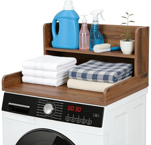 Plan de Travail Machine à Laver 60 × 60, Bois Plan de Travail Buanderie avec Etagère à 2 Niveaux, Planche Machine a Laver Imperméable et Montage Rapide, Washer Dryer Countertop (Noyer)