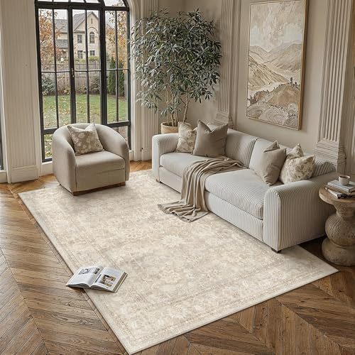 PureCozy Vintage Teppich Wohnzimmer Beige 160x230cm Teppiche Waschbarer | Schlafzimmer Waschbar Carpet,Kinderzimmer Rug,Rutschfest Carpets, Kurzflor,Bettvorleger,BüRo,Esszimmer,Groß Weich
