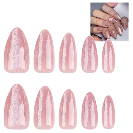 Almond Press on Nails – Cat Eye False Nails Soft Pink, 24Pcs Glue On Nails Long Lasting, Fake Nails Kit for Women and Girls (Pink Cat Eye)