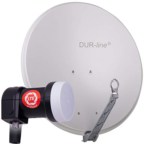 DUR-line 1 Teilnehmer Set - Qualitäts-Alu-Satelliten-Komplettanlage - Select 75cm/80cm Spiegel/Schüssel Hellgrau + Single LNB - für 1 Receiver/TV [Neuste Technik, DVB-S2, 4K, 3D]
