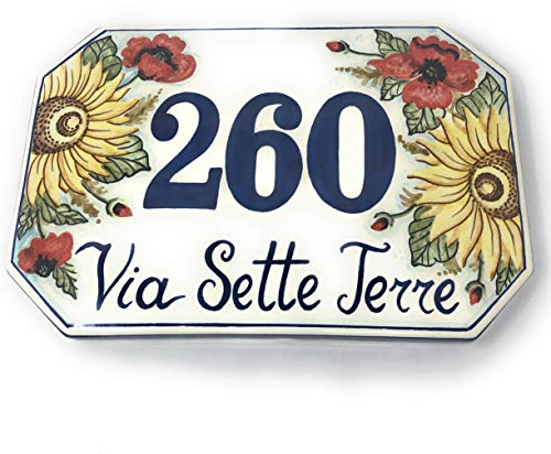 CERAMICHE D'ARTE PARRINI- Künstlerische italienische Keramik Keramik Hausnummer 30x20 individuelle Dekoration Sonnenblumen und Mohn, Fliesen handgemacht in Italien Toscana