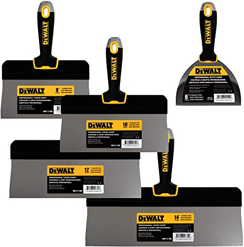 DEWALT Stainless Steel Big Back Taping Knife 4-Pack + Free Bonus 6 Soft Grip Putty Knife | 8/10/12-Inches | Soft Grip Handles | DXTT-3-172