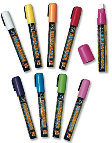 Set Kreidemarker, Kreidestifte abwischbar für Fenster, Spiegel und Kreidetafeln mit 8 Stk - 8 Farben: 1-1Stk weiß, gelb, orange, rot, pink, grün, blau, lila – 6 mm Durchmesser ZIG Illumigraph