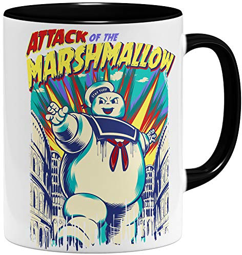OM3® Ghost Marshmallow Attack Kaffee-Tasse - Keramik Becher - 11oz 325ml - Beidseitig Bedruckt - Schwarz