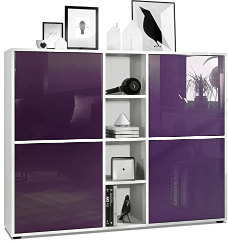 Vladon Highboard Cuba V3, Made in Germany, Weiß matt/Brombeer Hochglanz - Moderne Anrichte mit 12 Fächern (130,5 x 105,5 x 35,5 cm)