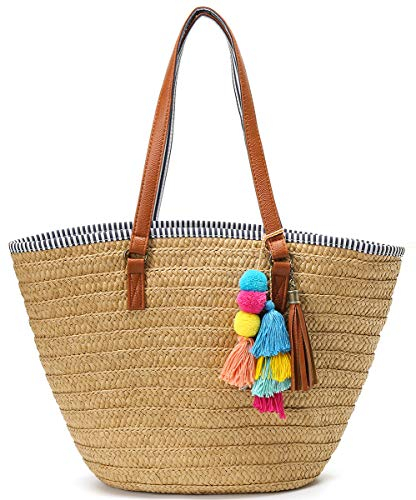 Straw Beach Bags Tote Tassels Bag Hobo Summer Handwoven Shoulder Bags Purse With Pom Poms, Alightbrown, One Size