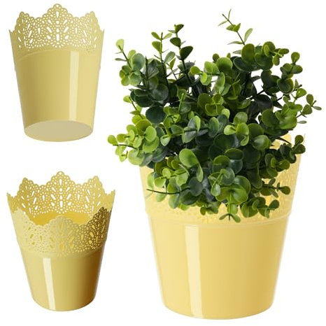 KADAX Spitzen-Blumentopf aus Kunststoff, 9 Farben, Blumentopf mit Spitzenmotiv, Blumentopfschutz für Büro, Topf, Gartenschale, Blumenkübel, Übertopf (⌀ 14,5cm, Niedrig, gelb)