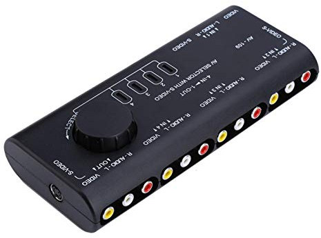 AV Switch Box 4 In 1 Out, Audio Video Switcher Out Composite Audio Splitter Stereo Video Selector Standard RCA Connectors Signal Switcher with Cable for Set Top Box DVD VCD TV Screen PC Game Consoles