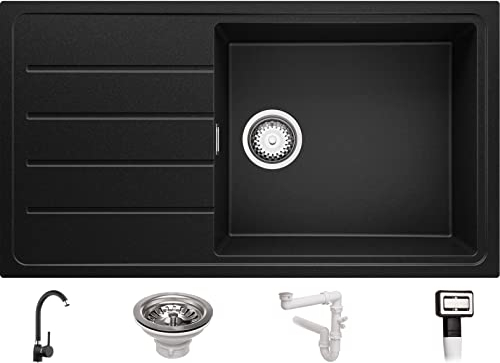 Fregadero Granito Negro 90x50cm, Fregadero Cocina 1 Seno + Sifón + Grifo + Tabla de cortar, Fregadero sobre encimera al mueble 60cm - Copenhague Top de Primagran