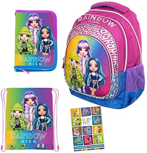 Goldkids 4er Set Schulrucksack Rucksack Federmappe Turnbeutel Aufgabenheft Rainbow High Motiv geeignet ab der ersten Klasse der Grundschule