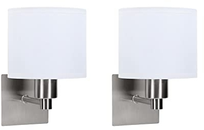 FORLIGHT LYON (2 unidades) Aplique de Pared para Dormitorio de Níquel Satinado y Pantalla Textil Blanca. Lámpara para Cabecero de Cama. Para Bombilla E27