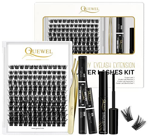 QUEWEL Individual Lashes Kit 144 Cluster-Lashes DIY Lash Extensions Kit, Clusters Eyelash Applicator, Cluster Lashes Bond and Seal Super Hold, Lash Glue Remover Easy to Remove(honey01-D-MIX8-16)