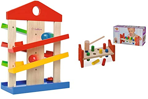 Eichhorn – Kugelbahn-Haus – bunte Rollbahn aus Holz, für Kinder und Babys ab 1 Jahr & 100027005 - Klopfbank, enthält 1x Hammer, 8x Klopfstifte, 9x23,5x13cm, 10-tlg., FSC 100% Zertifiziertes Buchenholz