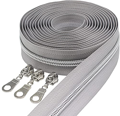 MebuZip 9 m silberfarben endlos Reißverschluss Meterware Reißverschluss Nylon 6mm-Spirale + 25 Nonlock-Zipper für Taschen Deko DIY Basteln Nähen (Silberfarben Grau)
