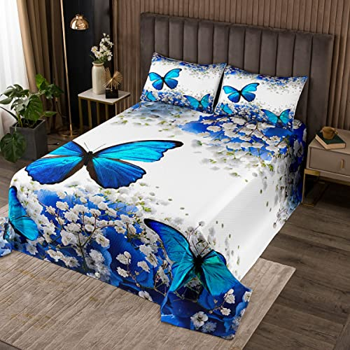 Castle Fairy Blaue Schmetterling-Tagesdecke, King-Size, Aquarell-Blumen, blaue Rose und Schmetterling, Tierdruck, ultraweiches Polyester, Tagesdecken-Set, natürliche Blumenlandschaft, Bettwäsche mit 2