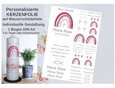 Personalisierte Kerzensticker TAUFE, KOMMUNION, KONFIRMATION, HOCHZEIT - Regenbogen auf Transferfolie, Kerzen-Tatoofolie, Kerzenfolie, Wasserschiebefolie für Taufkerzen und Kommunionkerzen