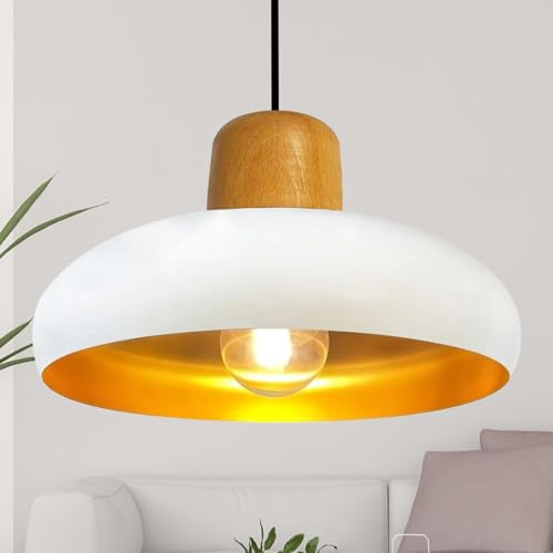 bamyum Androa Hängelampe Esstisch Weiß Gold Metall Ø40cm 1 flamming, Deckenlampe Weiß Pendelleuchte Esstisch Holz Vintage Deckenleuchte Küchenlampe Hängend Vintage Lampenschirm Hängelampe Wohnzimmer