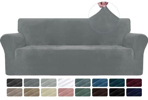 CYCMACO Samt Sofa Überzug 3 Sitzer, Sofabezug Elastische, Couch Überzug Haustier Katze Hunde, Universal Sofa Cover Moderne, Sofahusse Mit Armlehnen, Sofaschoner rutschfest, Hellgrau