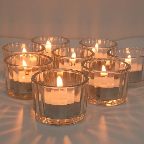 Filltown Clear Tea Light Candle Holders Set of 12, 5cm x 3.5cm Glass Tealight Holders for Table Centerpiece, Mini Vintage Striped Candle Holders for Weddings, Birthday Parties, Home Decor, Table Decor