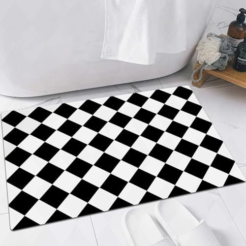 EMFSLA Tapis De Bain Antidérapant,Tapis Moelleux en Microfibre,Carrelage à Carreaux Noirs et Blancs. Texture,Absorbant l'eau,Lavable en Machine,60x90 CM