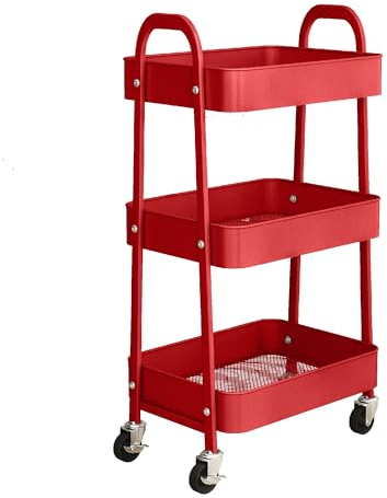 simpa 3 Tier Metal Multipurpose Wheeled Storage Tray Cart - RED 78.5cm (H) x 46cm (W) x 30.5cm (D)