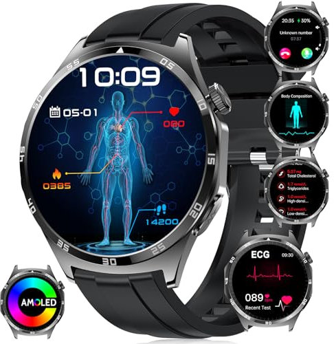 Smartwatch Uomo donna AMOLED πππ+PPG/HRV/Acido Urico/Pressione Arteriosa/Sonno/BMI/Affaticamento/Emozioni,1,43Orologio con Funzione Telefono,IP68 iOS Android Halloween Christmas compleanno