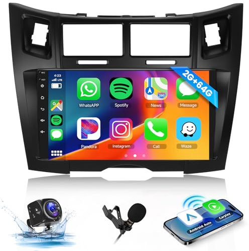 Hodozzy 2GB 64GB Android Radio Coche para Toyota Yaris/Vizi 2005-2011 con Carplay Android Auto Mirror Link, 9 Pulgadas Pantalla Táctil de GPS, Bluetooth, WiFi, EQ, FM RDS Radio, Control del Volante