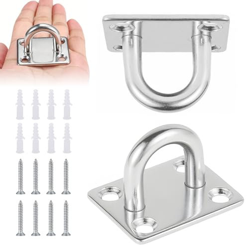 M8 Diamond Pad Eye Plate - 2Pcs 304 Stainless Steel Suspension U Hooks with Screws, Metal Brushed Marine Heavy Duty Shape Staple Ring Loop Anchors Plates for Wall Ceiling Hanger Swing Hammock Swing