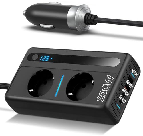 Convertidor de voltaje para coche inversor DC 12V a AC 230V con 2 enchufes y 2 Type-C y 2 USB cargador de coche de carga rápida con toma mechero para viajes de negocios y vacaciones