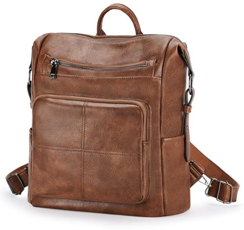 VASCHY Backpack for Women,Vegan Fashion Leather Medium Convertible Ladies Backpack Shoulder Handbag for Travel/Work/Diaper Brown