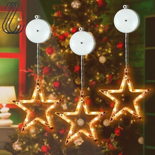 3 Stück LED Sterne Weihnachtsdeko, 10 LED Weihnachtsbeleuchtung Fenster Sterne mit Saugnäpfe, Warmweiß Fensterdeko Lichterkette Batterie mit Timer für Weihnachten Deko, Schlafzimmer Hochzeit Party